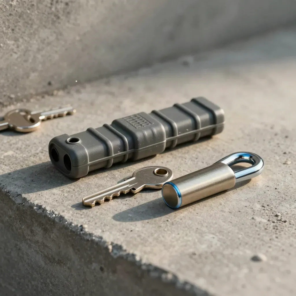 Cargo seal, cable tie clip and brushed-metal lock marker on concrete, dramatic side light