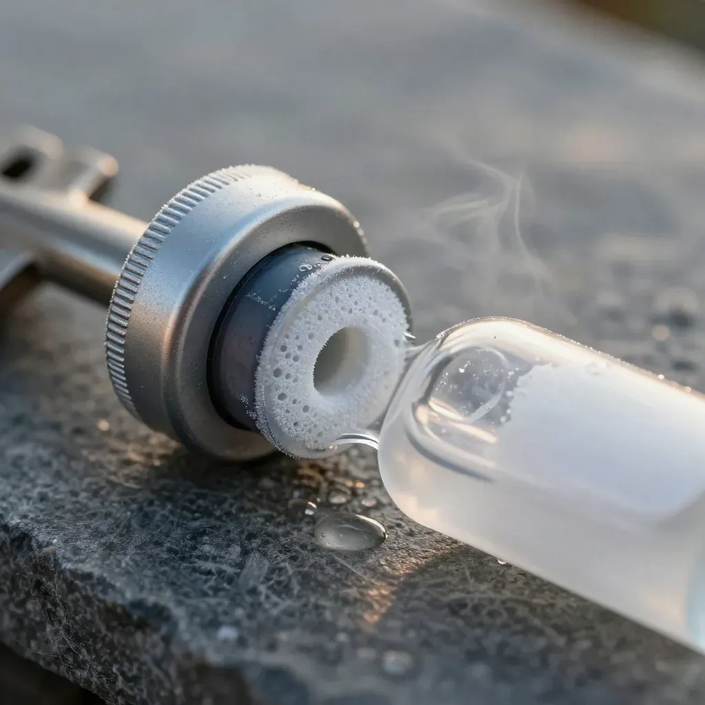 Top-down macro of a frosted vial, cryo cap and foam insert on brushed stone.