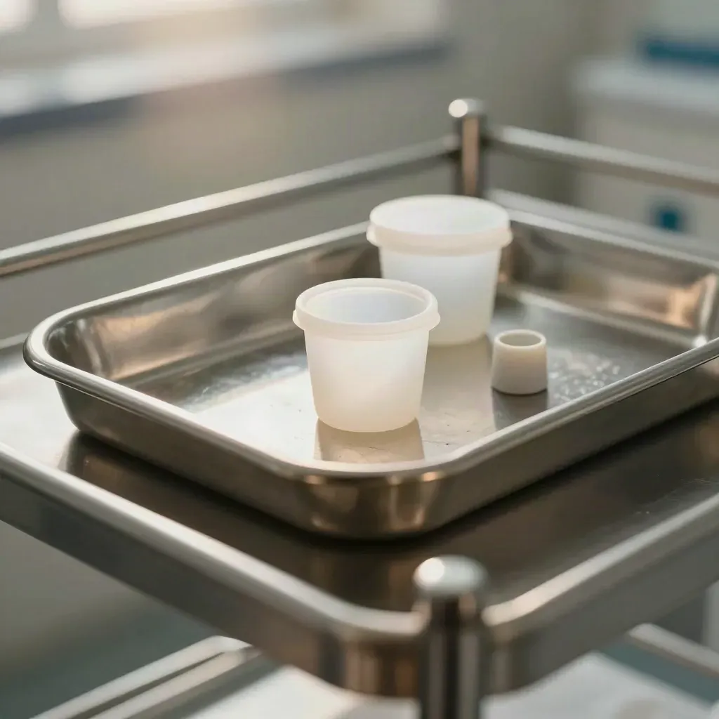 Macro of a stainless tray, specimen cup and penlight cap on a clinical trolley shelf.