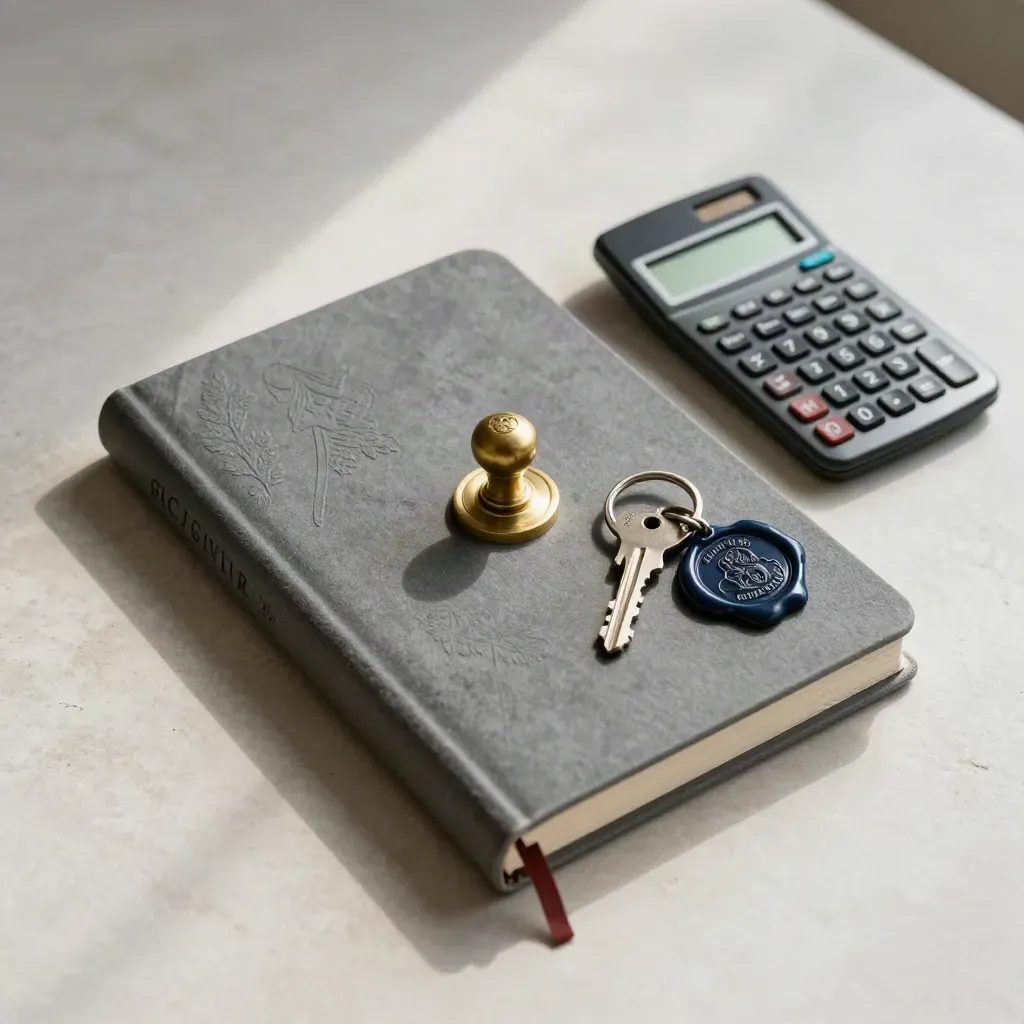 Flat lay of a ledger, brass seal, calculator, and key ring on pale stone