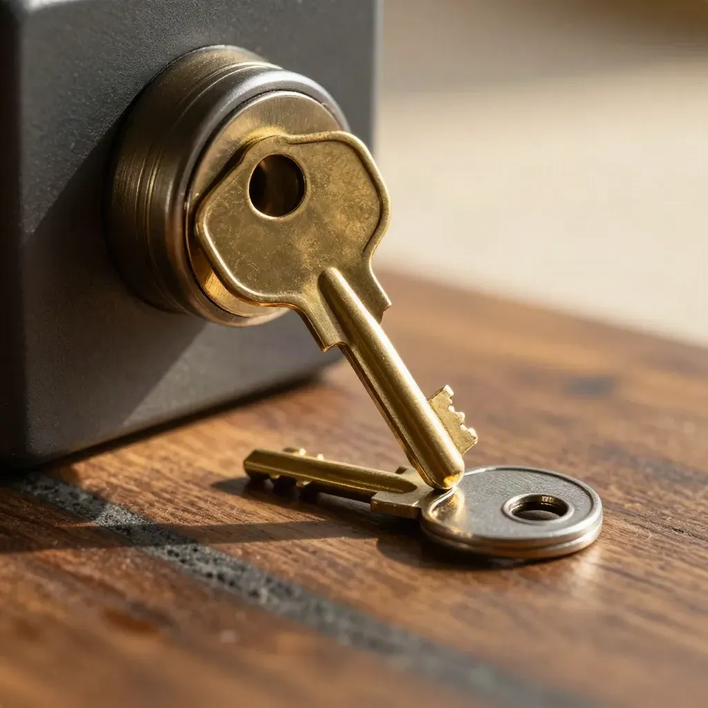 Brass key and lock cylinder on walnut stone, lit in a premium macro still life.