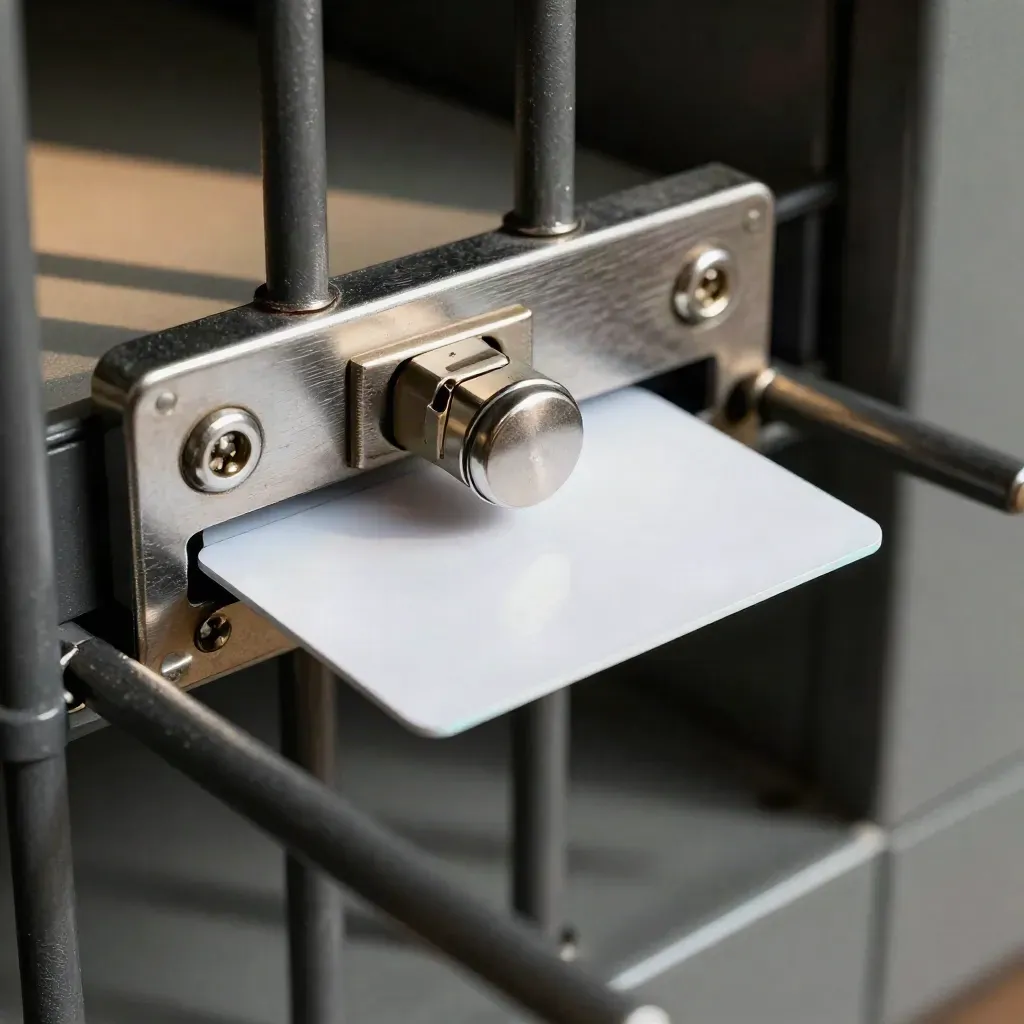 Macro of a sliding key cabinet latch aligning with two blank smart cards under raking light
