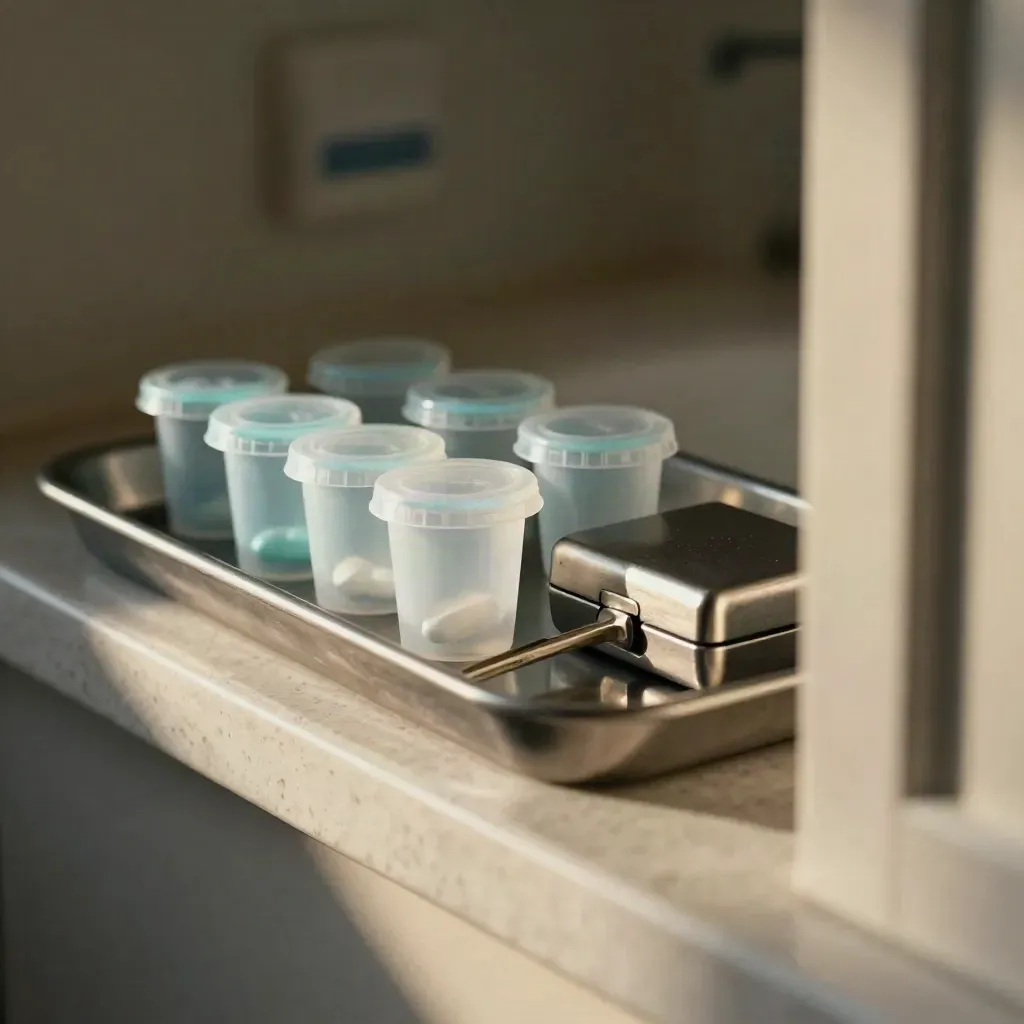 Medication tray, pill cups and metal key box on travertine in soft doorway light.