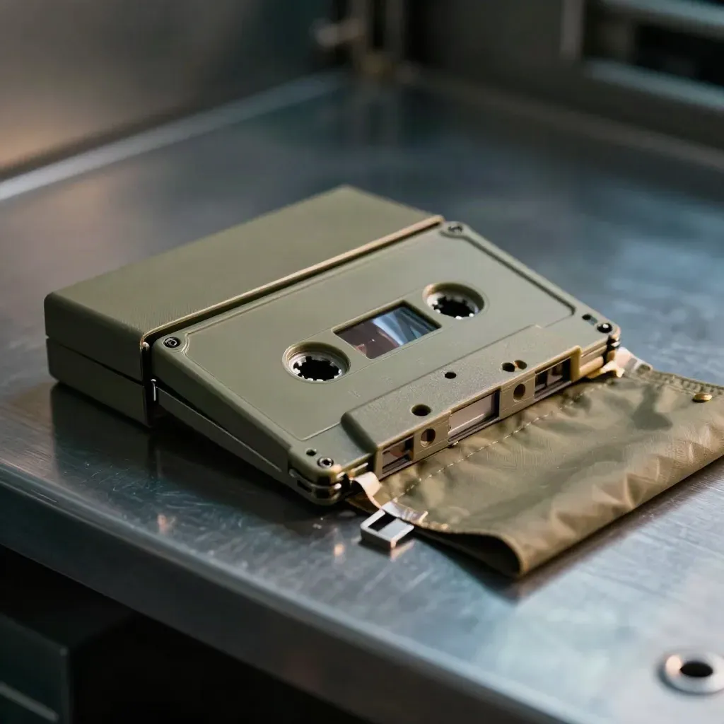 Matte vault cassette, anti-static sleeve and tamper strip on brushed metal, lit dramatically.