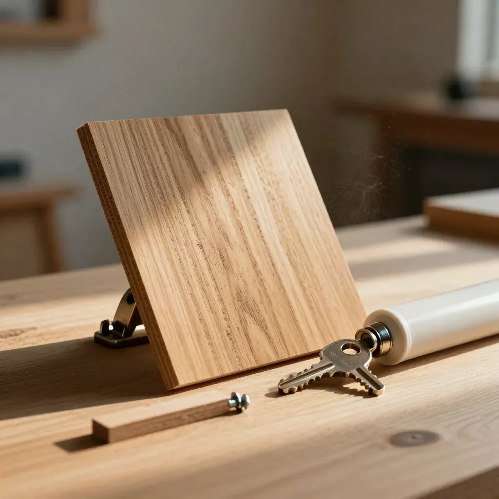 Oak veneer swatch, machined hinge, and capped plan tube on pale wood under dramatic studio light.