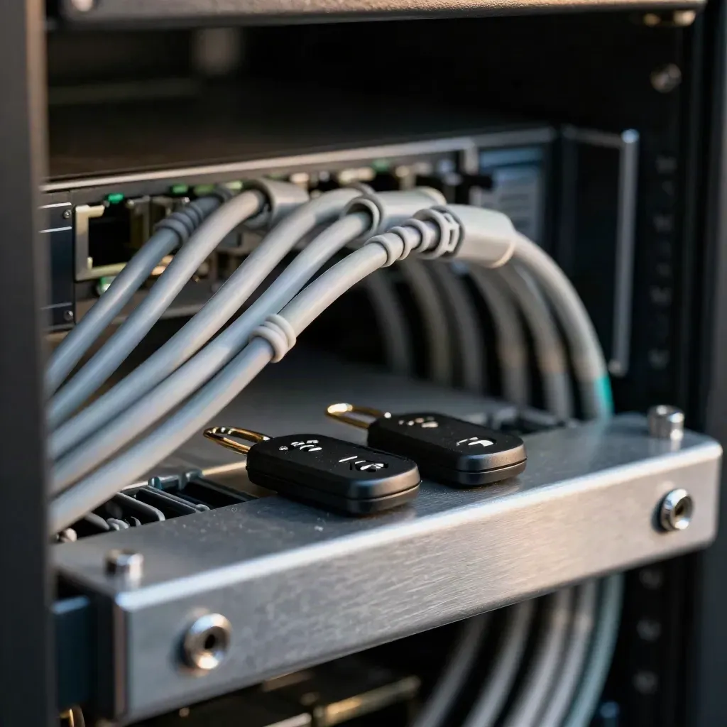 Macro of server rack patch cables, security tokens, and a locking bar in a dusty IT cabinet.