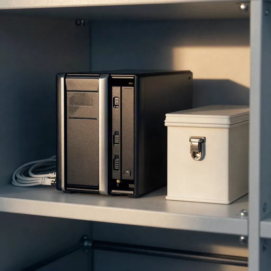 NAS, backup drive, and lockable storage box on concrete in dramatic studio light