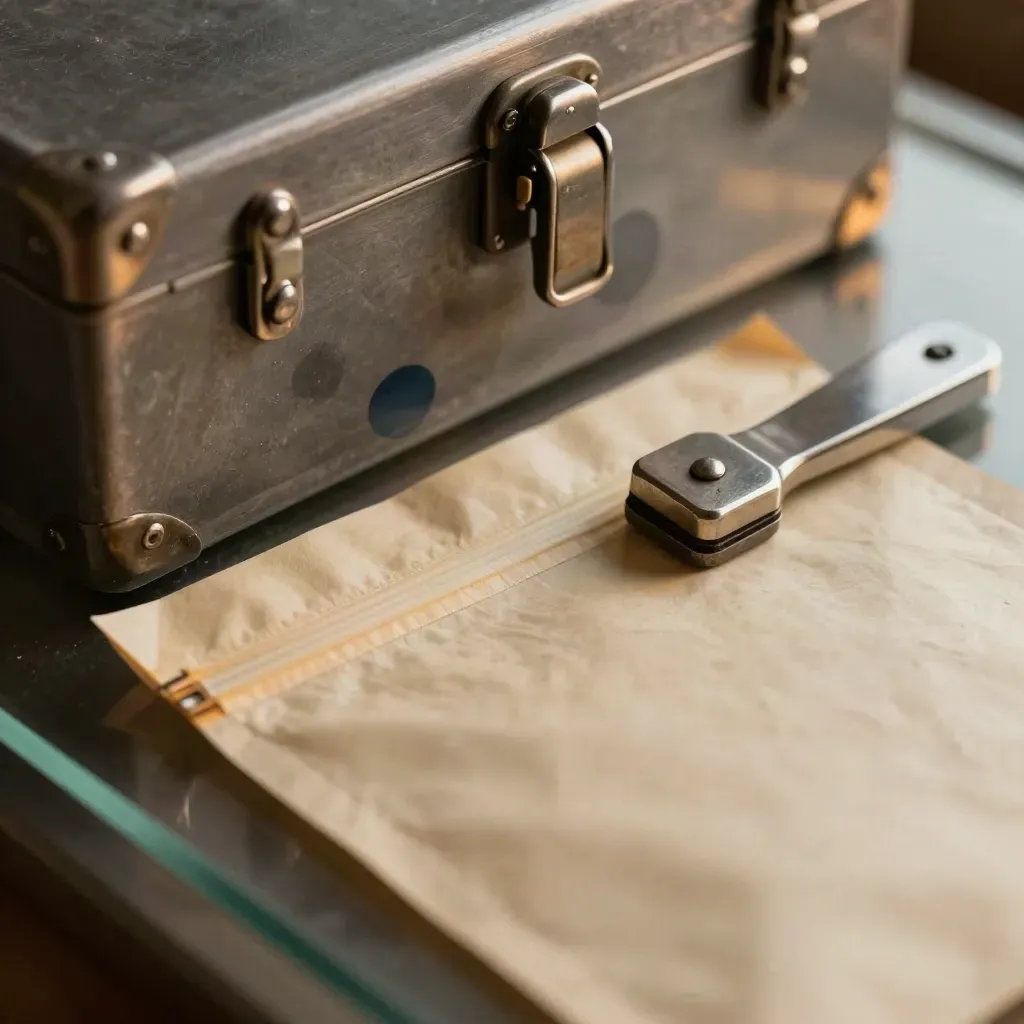 Tamper-evident pouch, seal press and archive crate under raking light through glass.