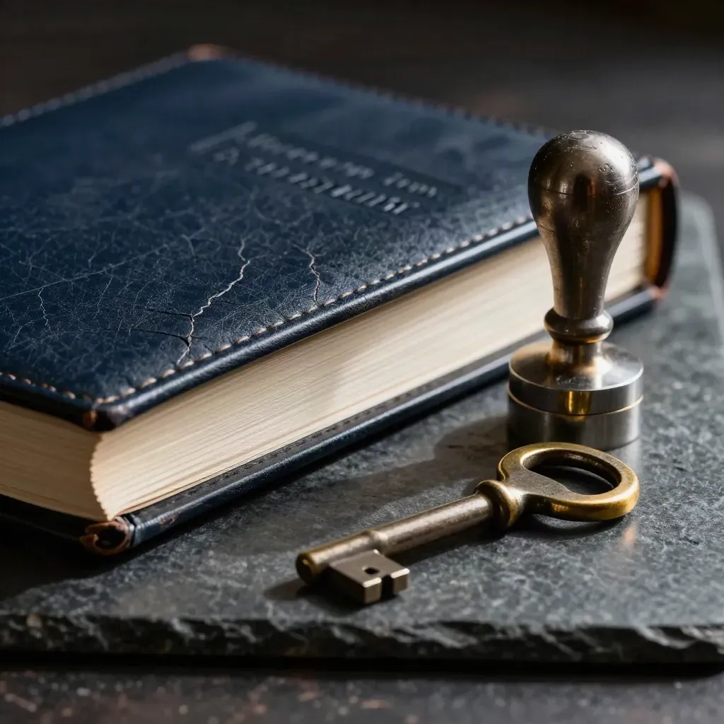 Macro still life of ledgers, metal seal press and vault key on dark stone with a narrow highlight.