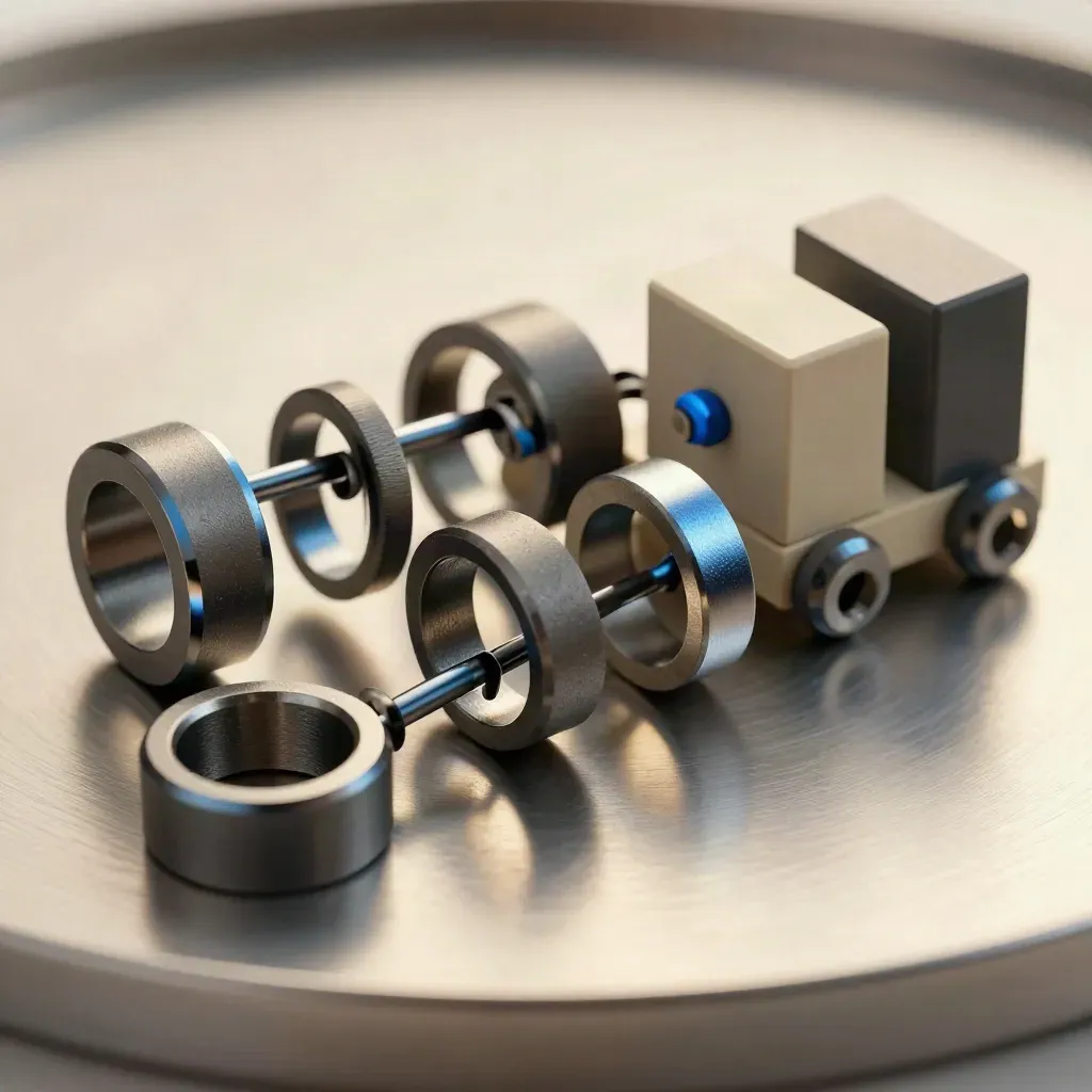 Linked metal rings and cable couplers on brushed metal, with modular blocks aligned behind.