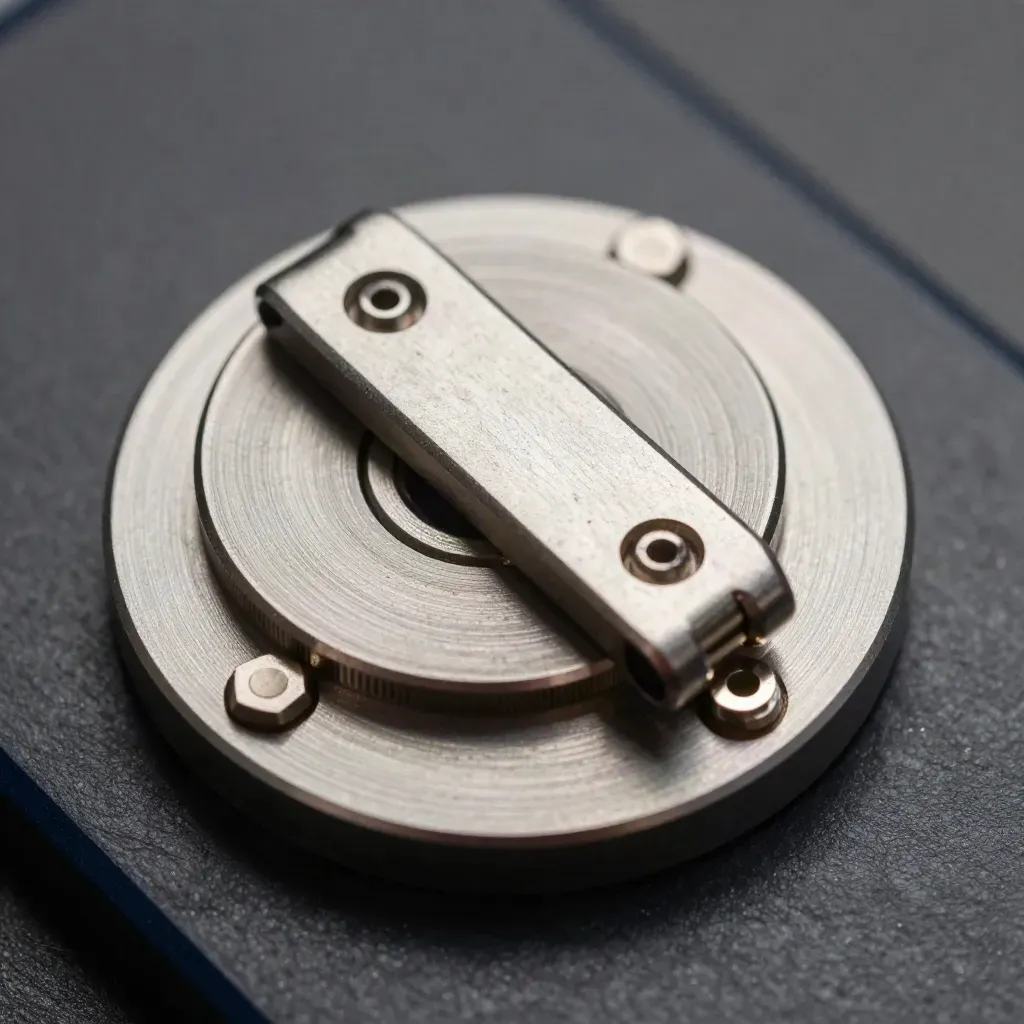 Macro of interlocking aluminum discs, standoffs and a latch on graphite.