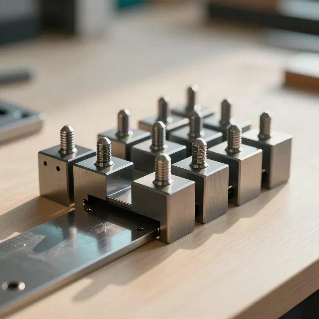 Modular metal blocks and alignment pins forming a tidy workflow path on pale wood.