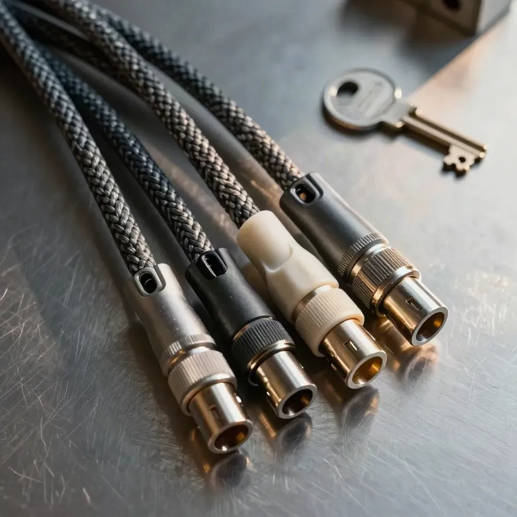 Overhead still life of AWS integration connectors, braided cable loops and a keyed junction block on brushed steel.
