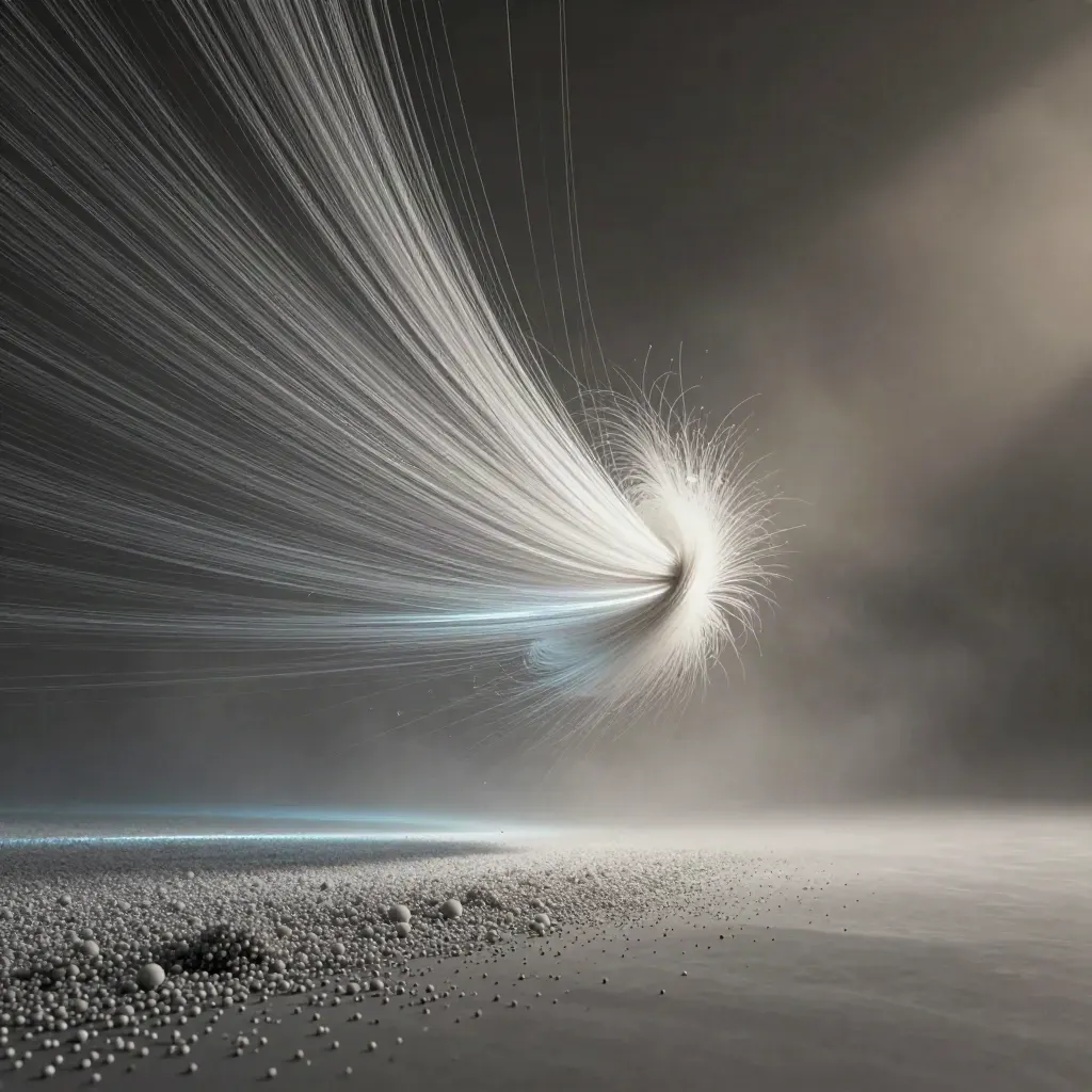 Silver filaments converge into a soft white bloom in dark graphite haze.